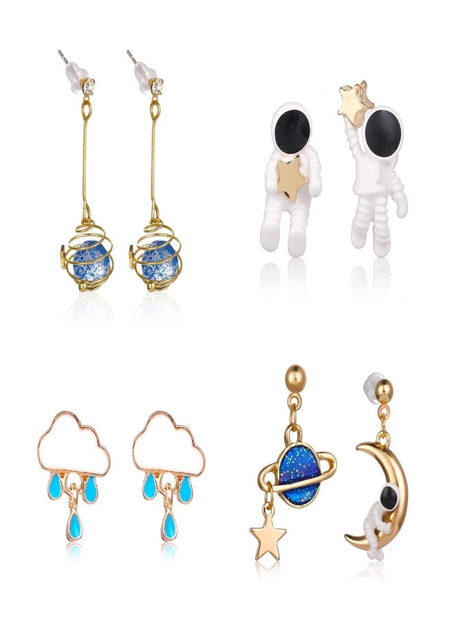 Yolev 4 Pairs Astronaut Stud Earrings Asymmetric Spaceman Star Moon Earrings Planet Star Stud Dangle Earrings Cloud Rain Drop Earrings for Women - Image 1