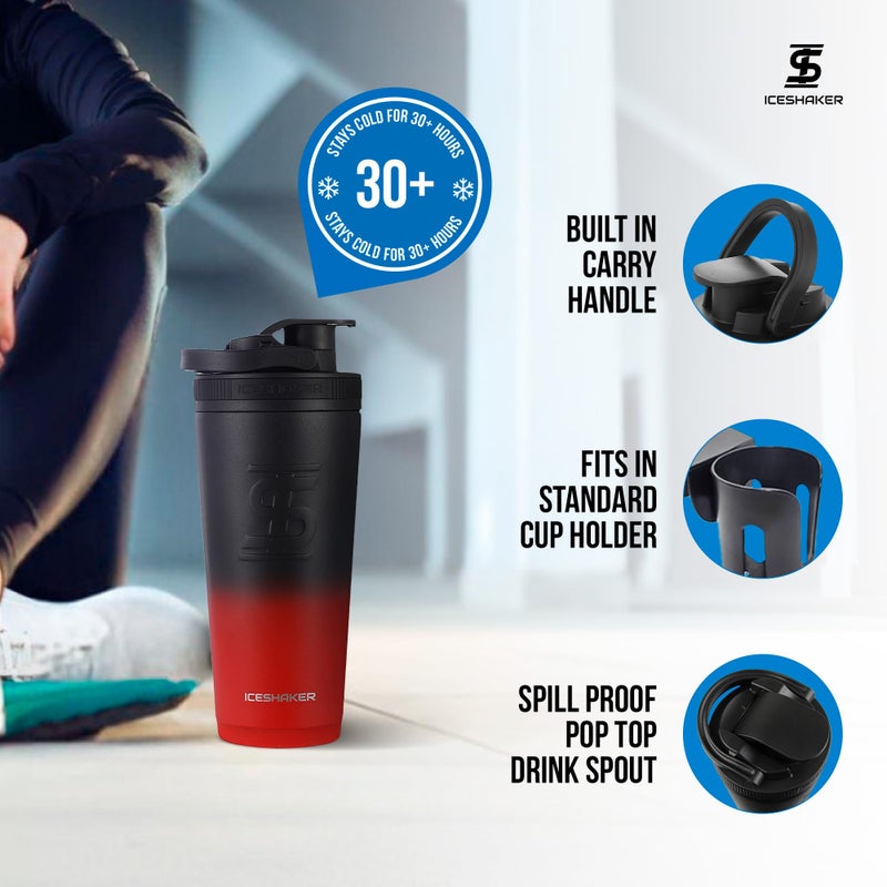 Ice Shaker زجاجة هزازة معزولة من الفولاذ المقاوم للصدأ | 26 أونصة، أحمر/أسود | تبقى باردة لمدة 30+ ساعة | كوب معزول مع محرك دوار | زجاجة خالية من الروائح لخلطات البروتين، الماء، العصائر، الكوكتيلات - Image 3
