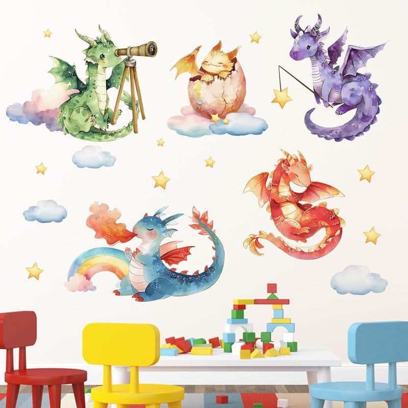 Mfault Baby Dragon Wall Decals Stickers Watercolor Dragon Eggs Decoration Nursery Kids Bedroom Art Rainbow Cloud Stars Neutral Toddler Girls Boys Playroom Living Room Decor - Image 4