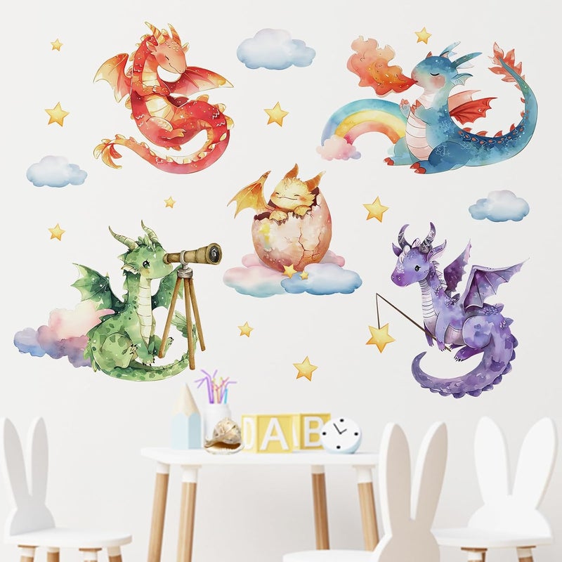 Mfault Baby Dragon Wall Decals Stickers Watercolor Dragon Eggs Decoration Nursery Kids Bedroom Art Rainbow Cloud Stars Neutral Toddler Girls Boys Playroom Living Room Decor - Image 3