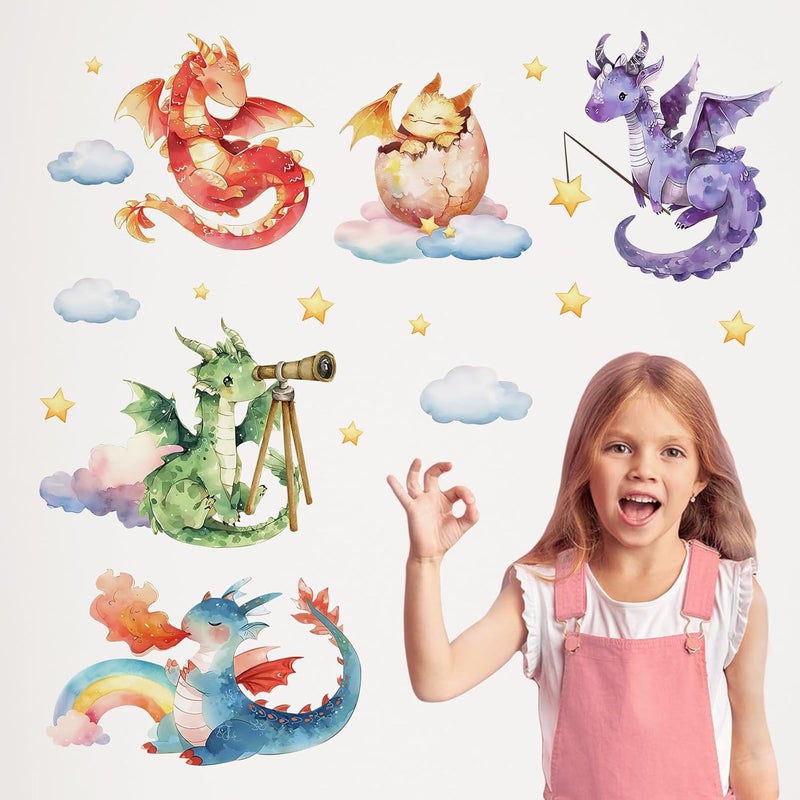 Mfault Baby Dragon Wall Decals Stickers Watercolor Dragon Eggs Decoration Nursery Kids Bedroom Art Rainbow Cloud Stars Neutral Toddler Girls Boys Playroom Living Room Decor - Image 5