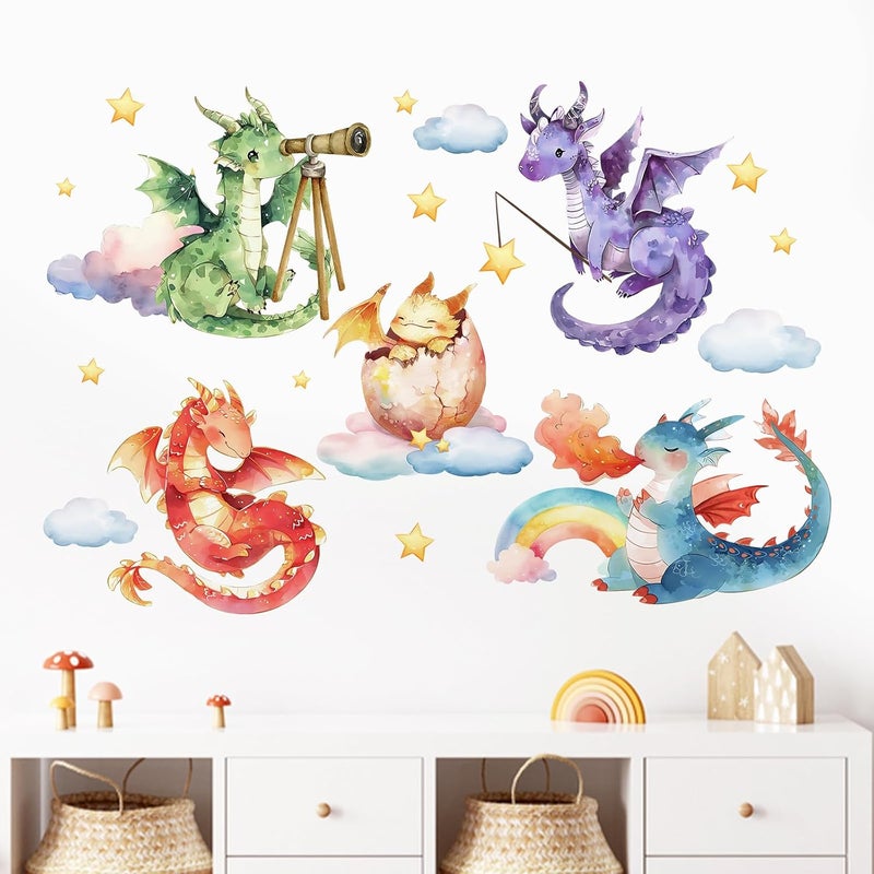 Mfault Baby Dragon Wall Decals Stickers Watercolor Dragon Eggs Decoration Nursery Kids Bedroom Art Rainbow Cloud Stars Neutral Toddler Girls Boys Playroom Living Room Decor - Image 1
