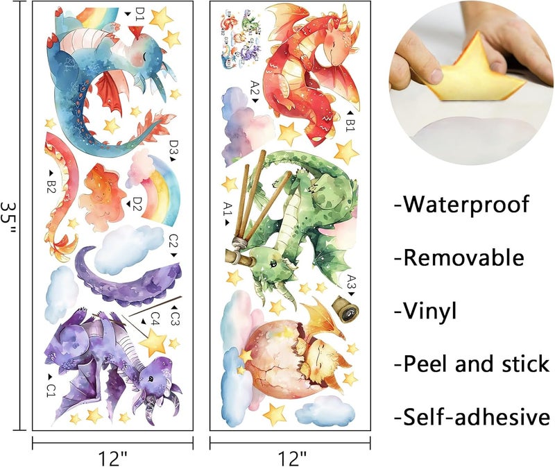 Mfault Baby Dragon Wall Decals Stickers Watercolor Dragon Eggs Decoration Nursery Kids Bedroom Art Rainbow Cloud Stars Neutral Toddler Girls Boys Playroom Living Room Decor - Image 2