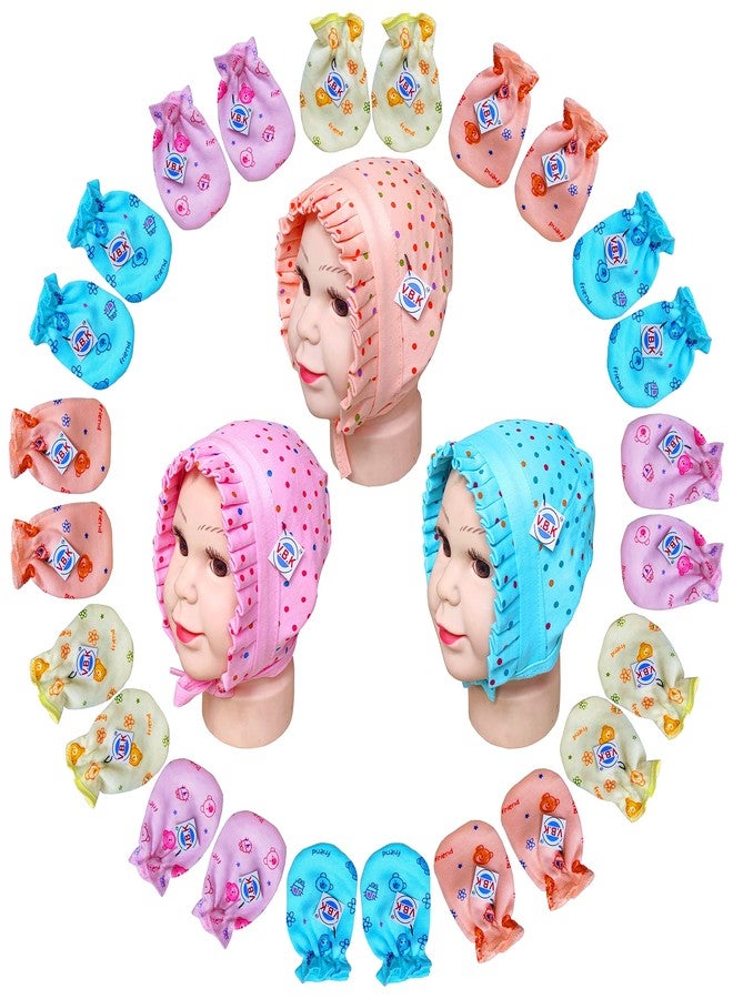 V.B.K حزمة كومبو V.B.K® للأطفال الأولاد والبنات مع قفازات (12 زوج) وقبعة (3 قطع)، داخلية وخارجية، قماش صديق للبشرة من الجوارب، من 0 إلى 6 أشهر. - Image 1