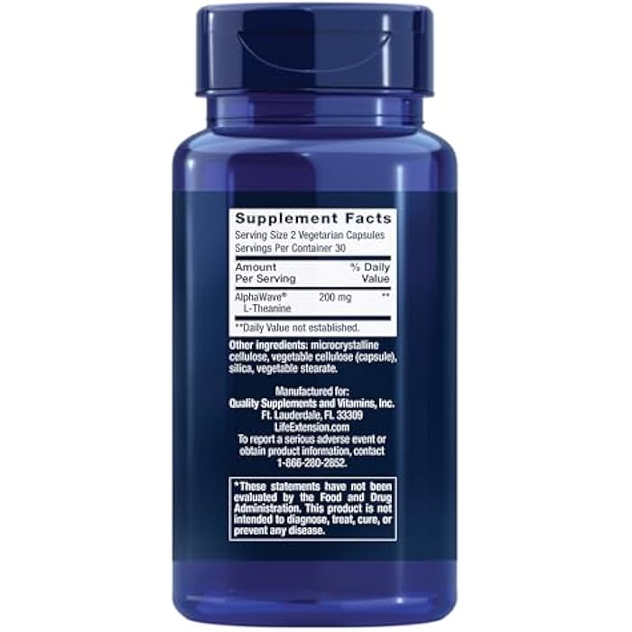 Life Extension لايف إكستينشن إل-ثيانين، حمض أميني ثيانين، هدوء، استرخاء، مزاج، خالي من الغلوتين، غير معدل وراثيًا، نباتي، 200 ملغ، 60 كبسولة - Image 2