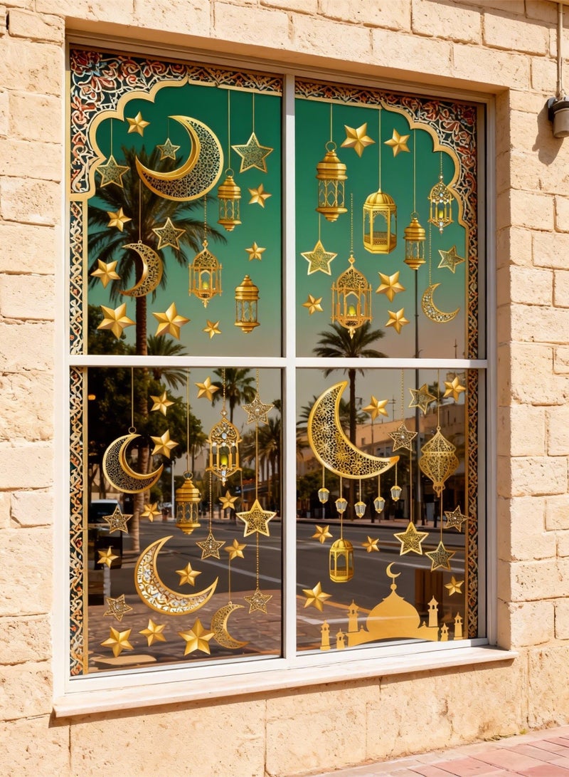 5 Pcs Eid Mubarak Window Clings, Ramadan Mubarak Decoration PVC Static Clings with Moon, Stars, Lantern for Glass Windows, Reusable Double-Side Glue-free Glass Decals, Holiday Office Home Party and Car Decorations - Image 2