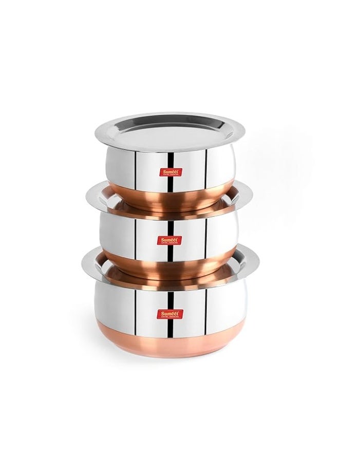 Sumeet Stainless Steel Copper Bottom Cookware Set | 3-Piece Belly-Shaped Tope/Pot with Lids (1.1L, 1.4L, 1.75L), Silver - Image 1
