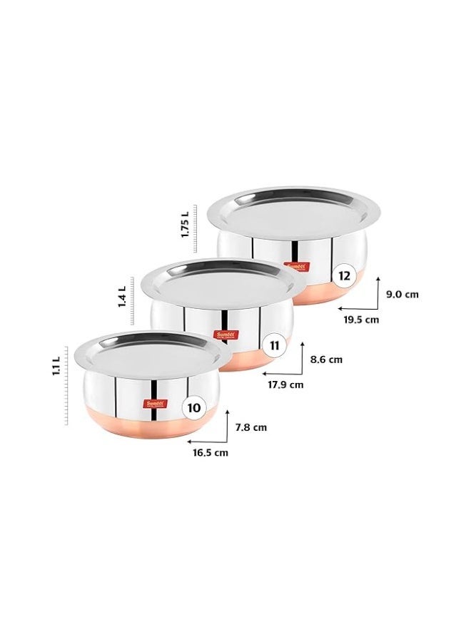 Sumeet Stainless Steel Copper Bottom Cookware Set | 3-Piece Belly-Shaped Tope/Pot with Lids (1.1L, 1.4L, 1.75L), Silver - Image 4