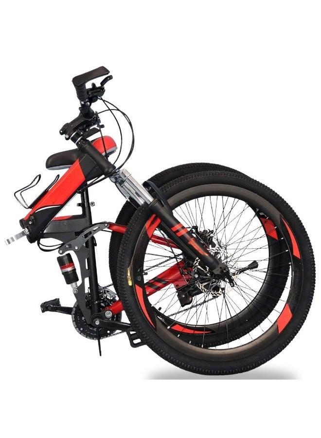 Mountain Bike 26 Inch 24 Speed Folding Bicycle with Full Suspension Red Black - Image 2