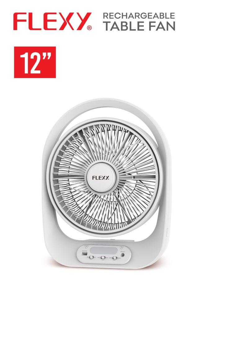 Flexy 12-Inch Rechargeable Table Fan, 22W Powerful Motor, AC/DC, 2-Speed, LED Light, USB Output, Long Backup, Premium, 2-Year Warranty - Image 4