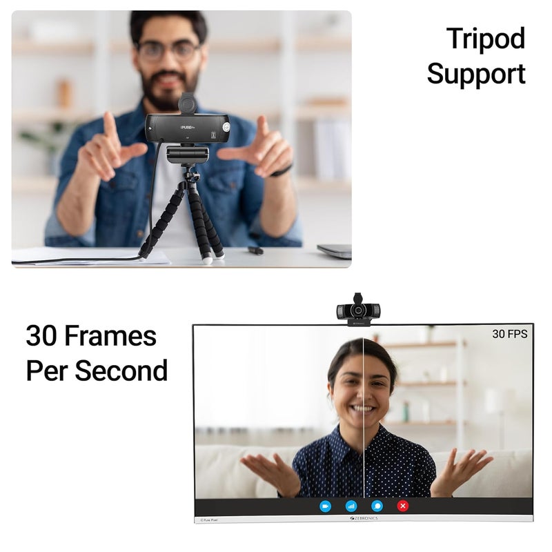 ZEBRONICS كاميرا ويب بيور بلس 4K، 3840 × 2160 (4K UHD)، 30 إطار في الثانية، تركيز تلقائي (توازن اللون الأبيض + تصحيح السطوع)، ميكروفون مدمج، غطاء خصوصية، لسكايب | زوم | ميت | تيمز - Image 4