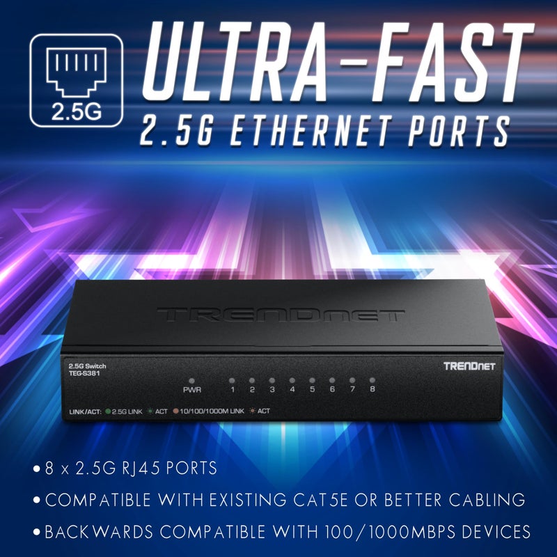 TRENDnet 8-Port 2.5Gb Switch, TEG-S381, 8 x 2.5G RJ45 Ports, 40Gbps Switching Capacity, NDAA + TAA Compliant, Ethernet Splitter, for Game Console, NAS, PC, Lifetime Protection - Image 3