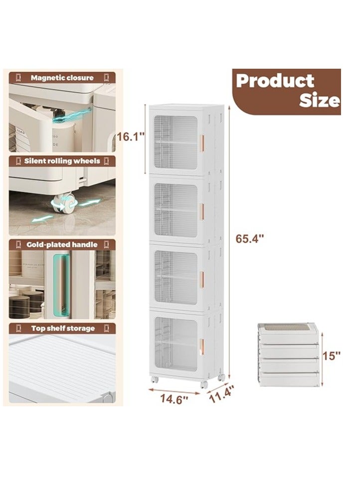 Generic Storage Cabinet Plastic Foldable Storage Box with Clear Doors and Movable Wheels Kitchen Organizer for Small Space, Bathroom, Kitchen,Bedroom(4Tier,White） ﻿ - Image 2