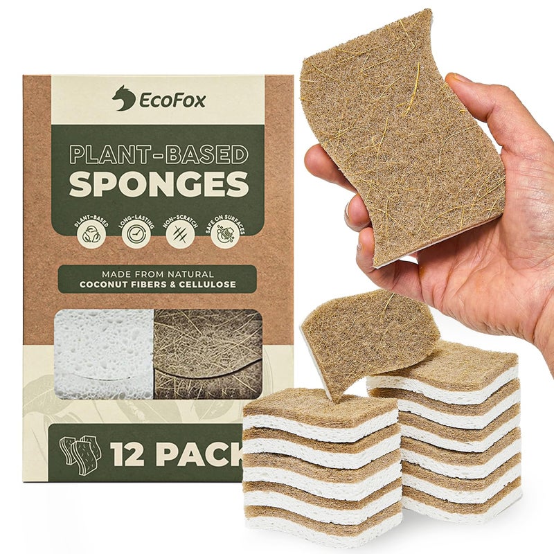 EcoFox Plant-Based Kitchen Sponges (12 Pack) | FSC-Certified & PETA Approved | Natural Cellulose & Coconut Blend Scrubber Dish Sponges for Kitchen | S-Shaped Design | Eco-Friendly, Non-Scratch & Non-Toxic - Image 1