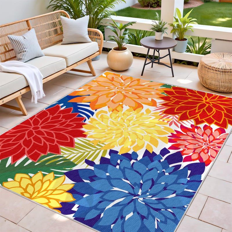 Arenarug Colorful 6x9 Outdoor Area Rug Washable Multicolored Patio Rug Tropical Botanical Floral Chenille Waterproof Outdoor Carpet Non-Slip for Patio, Deck, Backyard, Porch, Rainbow - Image 3