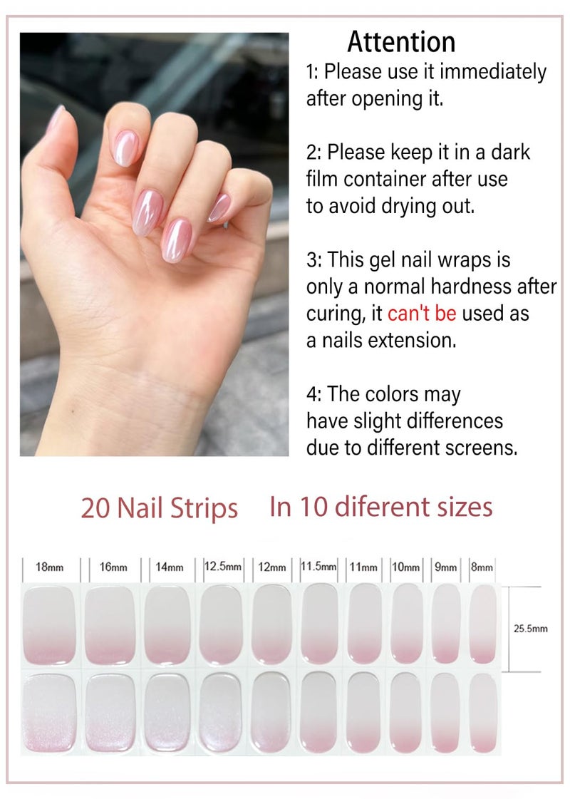 Wahrshei Semi Cured Gel Nail Strips, Glazed Pink Gradient 20pcs Adhesive UV Sticker, Wraps for Home Manicure DIY - Image 3