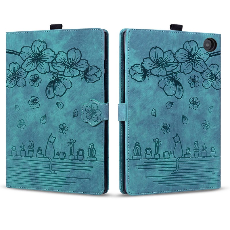 For  Fire Hd8 2020 / 2022 Cartoon Sakura Embossed Leather Tablet Case(Green) - Image 2