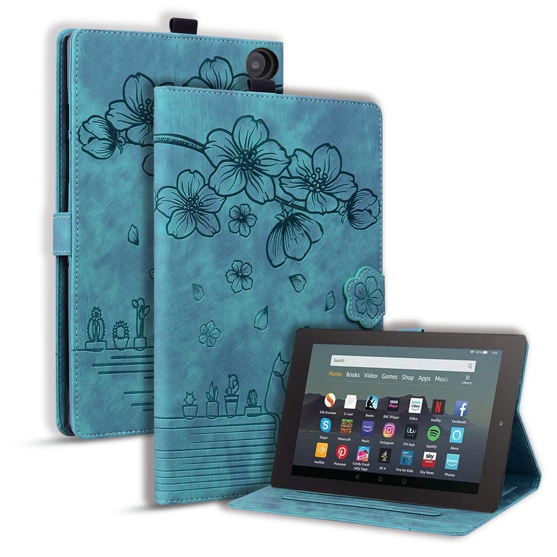 For  Fire Hd8 2020 / 2022 Cartoon Sakura Embossed Leather Tablet Case(Green) - Image 1