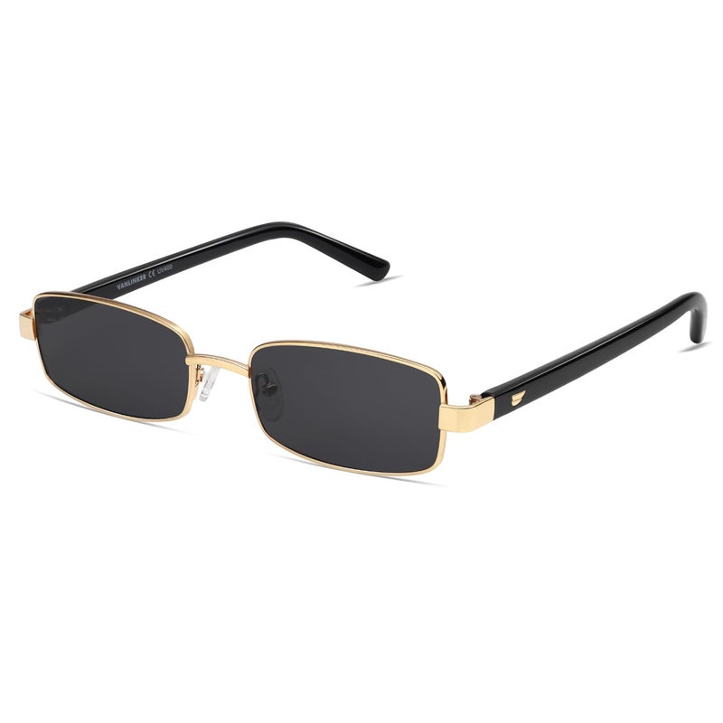 VANLINKER Retro Rectangle Polarized Sunglasses for Women Men Small 90s Vintage Trendy Slim Narrow Rectangular Frame Metal Sun Glass VL9684, Black Gold/Grey - Image 1