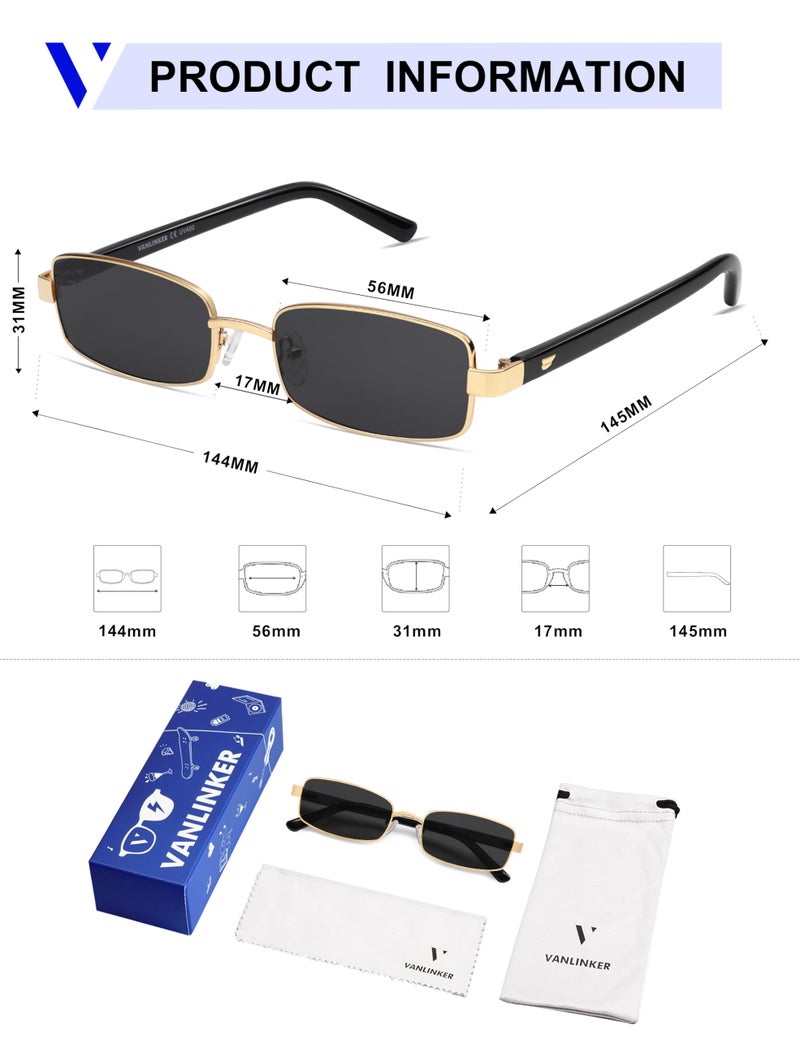 VANLINKER Retro Rectangle Polarized Sunglasses for Women Men Small 90s Vintage Trendy Slim Narrow Rectangular Frame Metal Sun Glass VL9684, Black Gold/Grey - Image 5