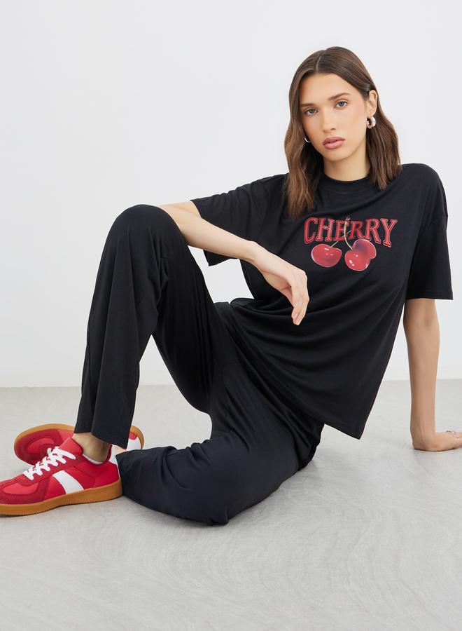 Take Two Cherry Print T-Shirt and Joggers Co-Ords - Image 1