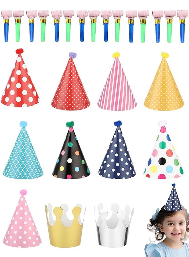 11PCS Colorful Birthday Party Hats with Paper Crowns and 15pcs Noise Making Blowouts Cone Hats for Adults and Vibrant Paper Decorations for Birthdays Celebrations - Image 1