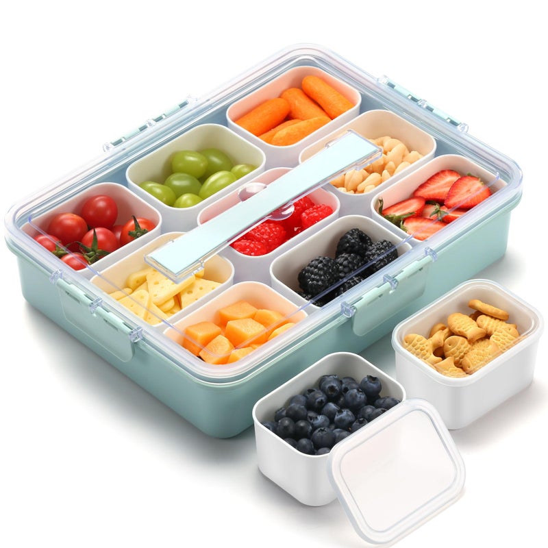 Sunhanny Snackle Box Container for Adults with 9 Compartment, Divided Serving Tray Snack Box Containers with Lid and Handle, Charcuterie Boxes Portable Snack Platter for Fruit Veggie Party Travel, Green - Image 1