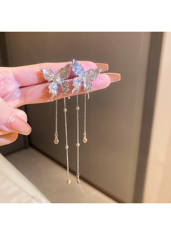 نيبمينينت Gold Zircon Earrings Light Luxury Long Butterfly Tassel Silver Pin Fashion All-match High-grade 