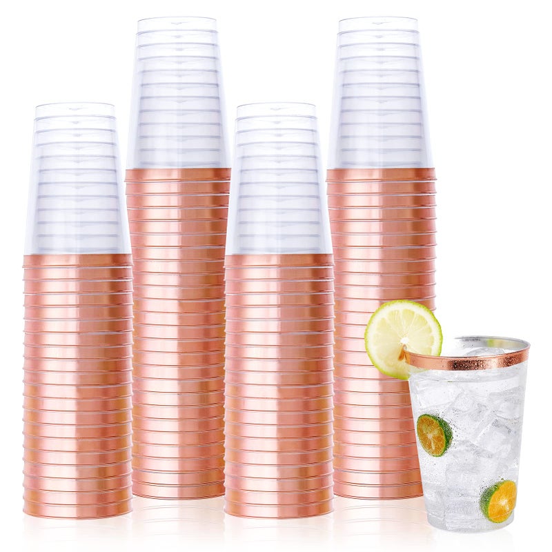 Vplus 150 Pack 12 OZ Reusable Rose Gold Rimmed Clear Plastic Cups Disposable Heavy Duty Plastic Cups for Party Christmas Wedding Thanksgiving Halloween