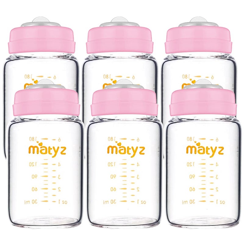 Matyz حاويات تخزين حليب الثدي من ماتيز زجاجية، 6 عبوات، زجاجة سعة 6 أونصات، متوافقة مع مضخات سبيكترا ومديلا وفيليبس - مجموعة زجاجات تخزين آمنة في الفريزر - زجاجات أطفال مقاومة للتسرب - خالية من BPA (أغطية وردية) - Image 1