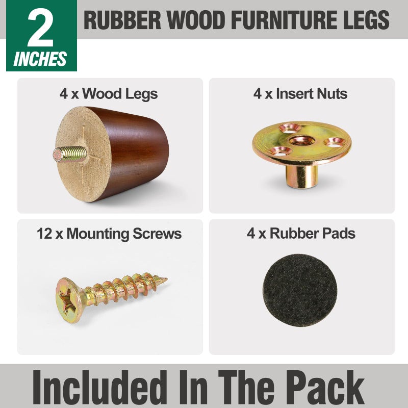 Fodau770 Brown Rubber Wood Furniture Legs 2 Inches, Straight Tapered Wood Feet Mid Century Sofa Legs Set Of 4, 5/16"" Unc Furniture Feet For Cabinet Couch Dresser Chair Ottoman Table - Image 2