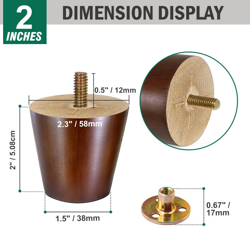 Fodau770 Brown Rubber Wood Furniture Legs 2 Inches, Straight Tapered Wood Feet Mid Century Sofa Legs Set Of 4, 5/16"" Unc Furniture Feet For Cabinet Couch Dresser Chair Ottoman Table - Image 3