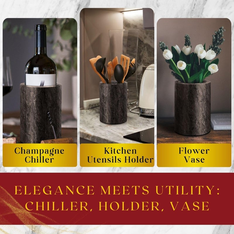 Flexzion Marble Wine Bottle Chiller Bucket - Champagne Cooler  5x7-inch 750ml Black Marble Utensil Holder for Kitchen Counter & Stone Wine Chillers for Bottles - Image 2