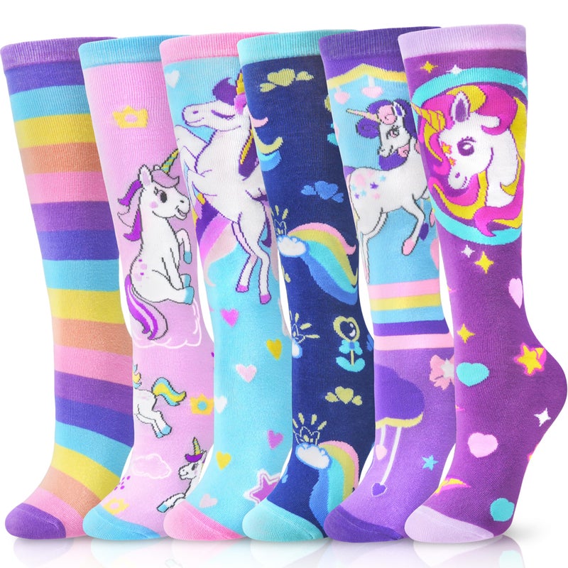 ANTSANG Kids Girls Knee High Socks Fashion Funny Crazy Stockings Gift Cute Novelty Long Boot Cotton Socks for Child 6 Pairs(Colorful Unicorn,3-12 Years) - Image 1