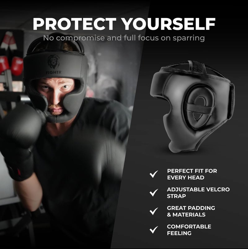 FIGHTR خوذة الملاكمة FIGHTRÂ® بأفضل ملاءمة | واقي رأس الملاكمة للتدريب | حجم قابل للتعديل للملاكمة، MMA، موياي تاي، كيك بوكسينغ وفنون القتال، كبير-كبير جداً، أسود بالكامل - Image 4