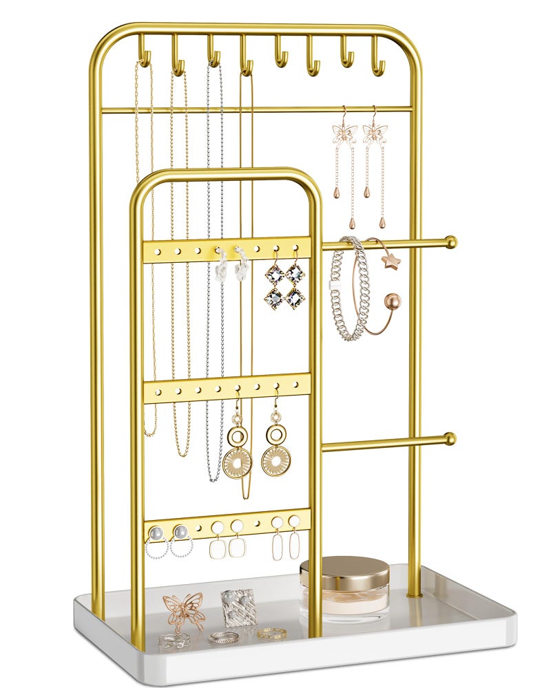 pickpiff Jewelry Holder Stand: Jewelry Display for Necklace, Bracelet, Earring, Ring, White & Gold - Image 1