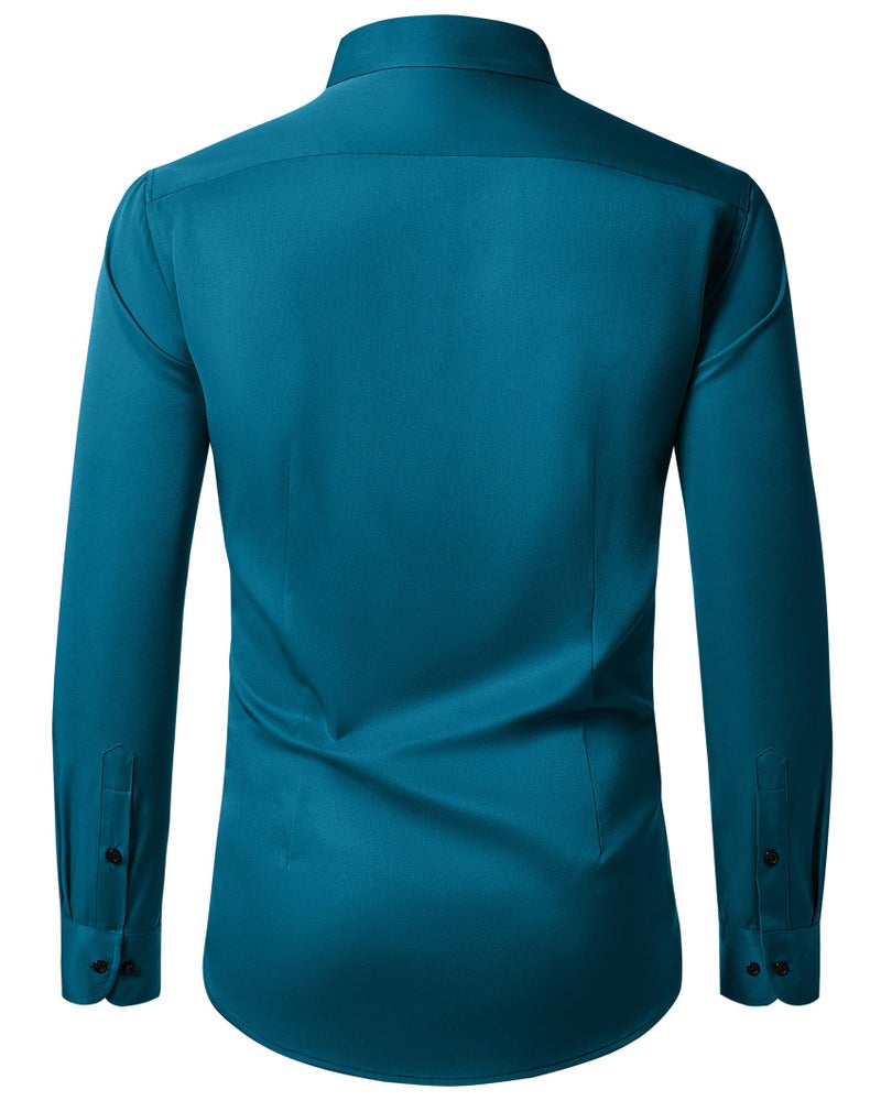 Lusead Turquoise Dress Shirts for Men Stretch Wrinkle Free Long Sleeve Business Slim Fit Casual Button Down Formal Shirt - Image 3
