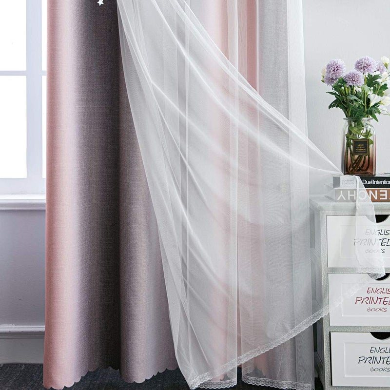 FANLI Ombre Rainbow Blackout Curtains for Kid Girls Bedroom Living Room Darking Stripe Double Layer Star Cut Out Wall Home Decor Gradient Grommet Window Curtains (Pink/Grey, 52W x 84L) - Image 5