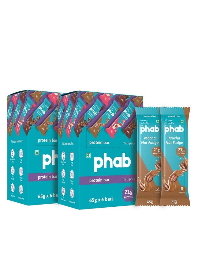 Phab Mocha Nut Fudge Protein Bar with 21g Protein, 8g High Fibre & 0 Added Sugar 100% Vegetarian | Diabetic Friendly Healthy & Tasty Protein bars | Trans Fat-Free & No Preservatives Protein bars (Pack of 12 x 65g) - Image 1