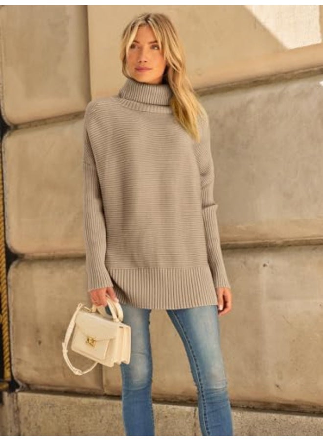 NIBEMINENT Women's Oversized Turtleneck Sweaters Fall Batwing Sleeve Ribbed Tunic Sweater - Image 2