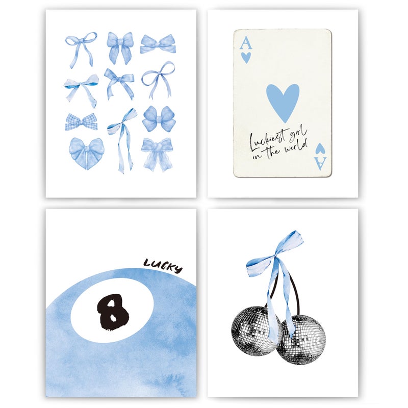 okaxscm Light Blue Coquette Trendy Preppy Wall Art Prints Set of 4, Coquette Preppy Room Decor, Blue Bow Disco 8 Ball Cherry Wall Decor Posters for Girls Bedroom Dorm, 8x10 Unframed - Image 1