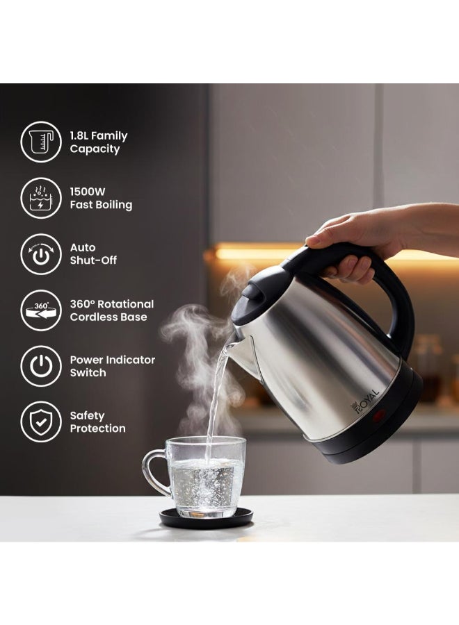 Royal Stainless Steel Electric Kettle 1.8L 1500W | Cordless 360° Base, Auto Shut-Off, Boil-Dry & Overheat Protection | RA-EK1827 Silver 1.8 L 1800 W RA-EK1827 Silver - Image 2