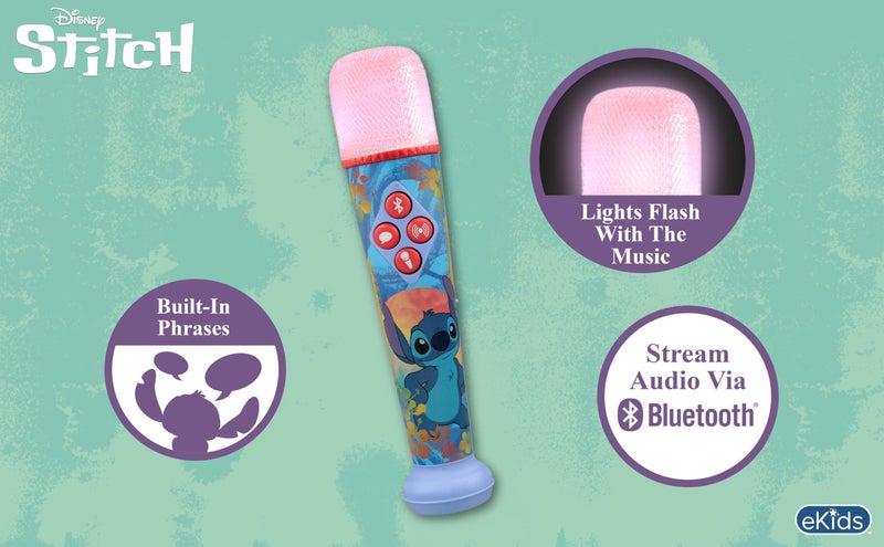 eKids Disney Stitch Karaoke Microphone for Kids, Bluetooth Microphone with Echo Effects and Light Show (Stitch) - Image 2