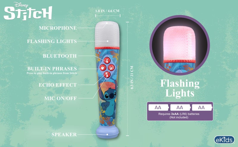 eKids Disney Stitch Karaoke Microphone for Kids, Bluetooth Microphone with Echo Effects and Light Show (Stitch) - Image 4