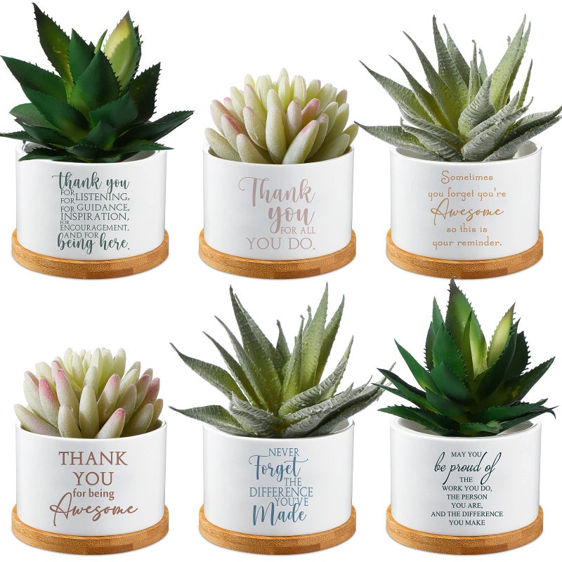 Unittype Unittype 6 Pcs Teacher Appreciation Gift Thank You Ceramic Succulent Mini Planter with Tray Office Desk Decor Back to School Gifts for Teacher Aide Employee Coworker Nurse Plants Not Included 
