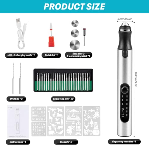 Serplex® Electric Engraving Pen with 37 Bits, 3 Gears Speed 5000-18000 RPM, USB Rechargeable Cordless Engraving Machine, Mini Rotary Tool DIY Rotary Engraver for Jewelry Wood Glass Stone Carving - Image 2