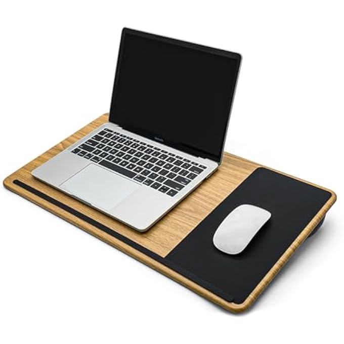 rayihni PORTABLE LAPTOP TRAY WITH SOFT CUSHION, WRIST SUPPORT, DUAL-SIDES USAGE, LAPTOP BED TRAY GREAT FOR READING, WRITING, NOTEBOOK USING, WORK FROM HOME, LAPDESK FIT UP TO 16" LAPTOP, WOODEN. - Image 1