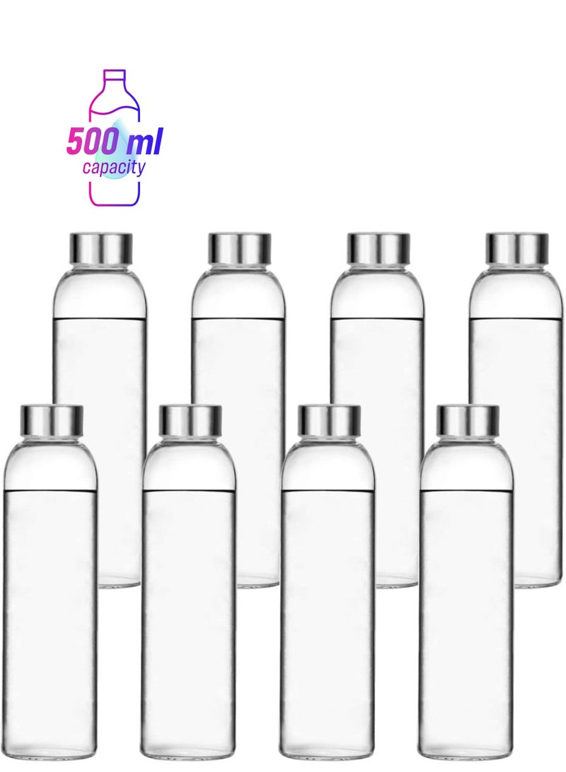 QUESERA زجاجات مياه زجاجية، زجاجات مشروبات زجاجية 16 أونصة، زجاجات شرب مع غطاء من الفولاذ المقاوم للصدأ مانع للتسرب 500 مل، زجاجات عصير قابلة لإعادة الاستخدام، زجاجيات مشروبات، زجاجات سفر للشراب، صلصة 8 عبوات - Image 1