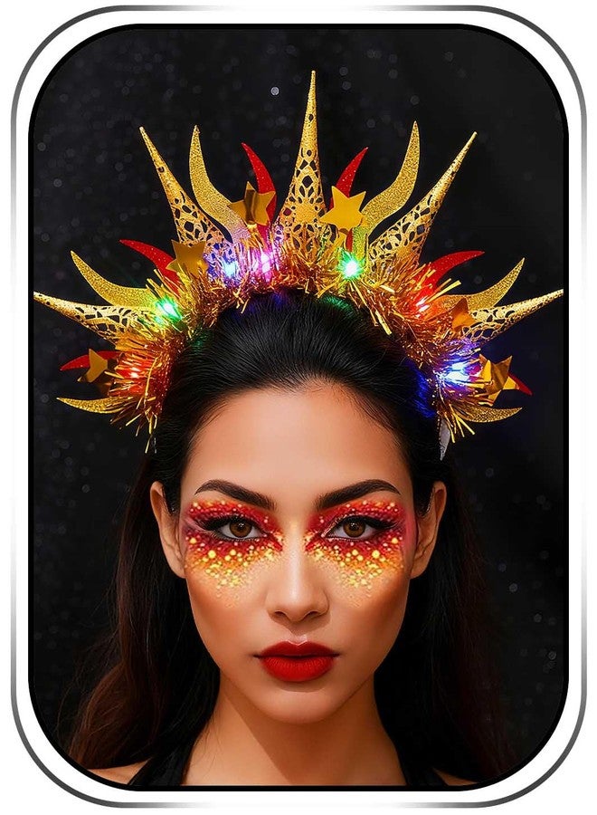 ووي طوق رأس مضيء ذهبي اللون بتصميم إلهة الشمس والنار، مزود بإضاءة LED، مناسب للحفلات التنكرية، وإكسسوارات شعر للنساء - Image 1
