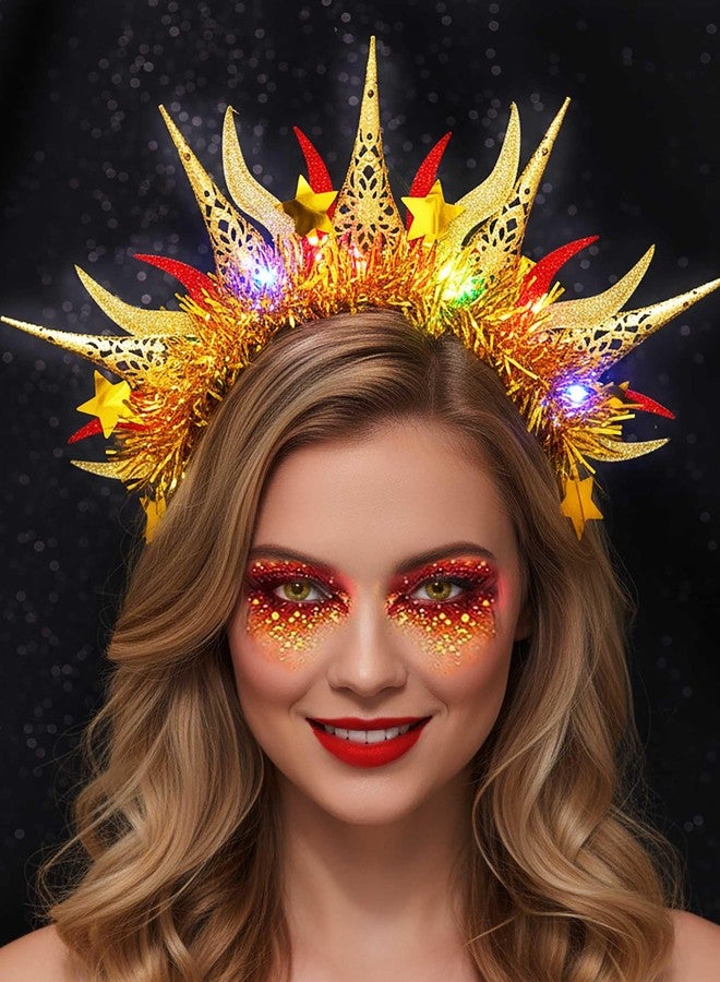 ووي طوق رأس مضيء ذهبي اللون بتصميم إلهة الشمس والنار، مزود بإضاءة LED، مناسب للحفلات التنكرية، وإكسسوارات شعر للنساء - Image 2